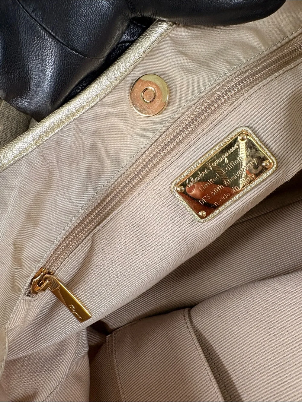Salvatore Ferragamo Beige Nylon Shoulder Bag with Metallic Gold Trim